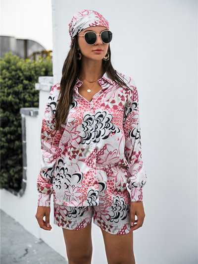 Hirigin 2 buc. Seturi din satin stiluri de plajă pentru femei, model peisaj, cămăși și pantaloni scurți cu nasturi 2022, seturi casual noi de vară