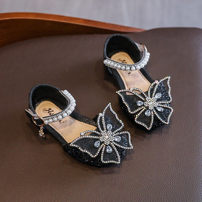 Sepatu Putri Pita Bayi Perempuan Gaya Módne sandále Kupu-kupu Berlian Imitasi Mutiara untuk Anak Perempuan Sepatu Pertunjukan Tari Payet untuk Anak-anak