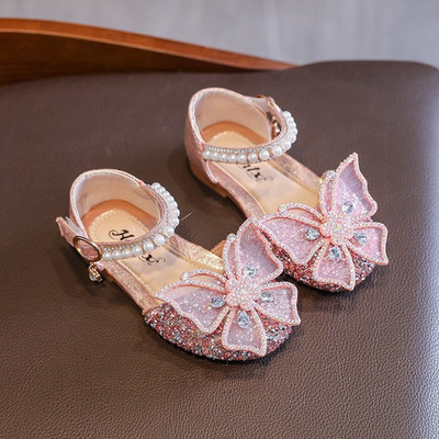 Sepatu Putri Pita Bayi Perempuan Gaya Módne sandále Kupu-kupu Berlian Imitasi Mutiara untuk Anak Perempuan Sepatu Pertunjukan Tari Payet untuk Anak-anak