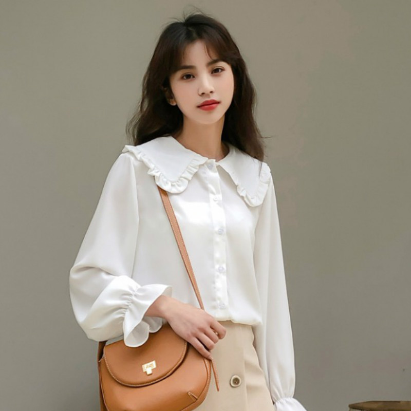Bluze Košulje Ženske Peter Pan Ovratnik Latice Rukavi Jednoredno kopčanje Svakodnevne Elegantne Studentice Temperamentne Glatke Udobne