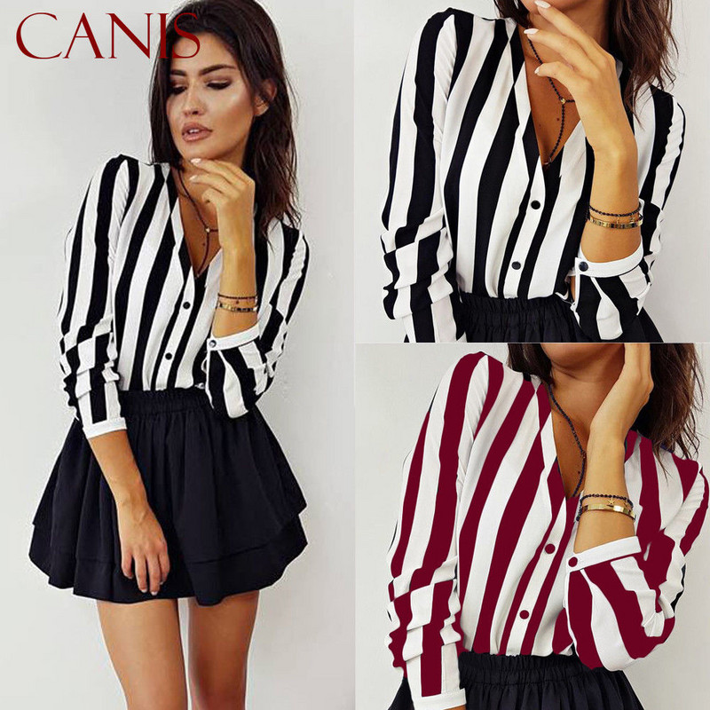 Nyári divat Elegáns V nyakú gombos blúz OL alkalmi laza felsők Szexi női csíkos vintage ing