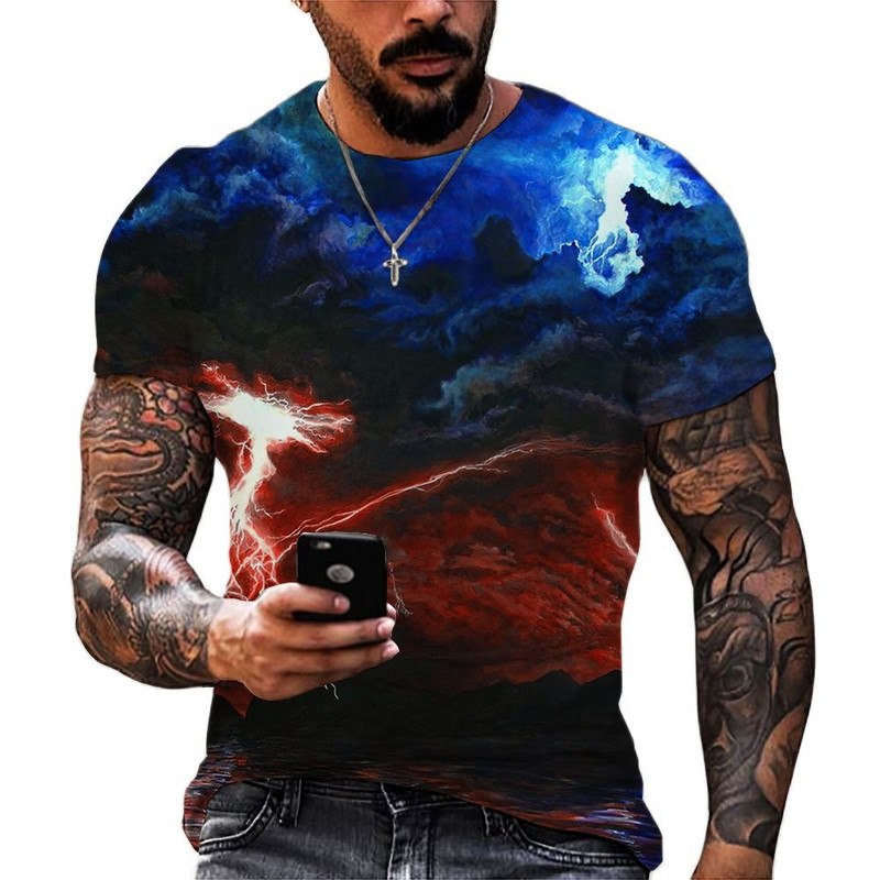 Villámmintás póló Férfi Divat Crew Neck Cool pulóver pólók Túlméretes rövid ujjú felsők Trend ruhák Ingyenes szállítás