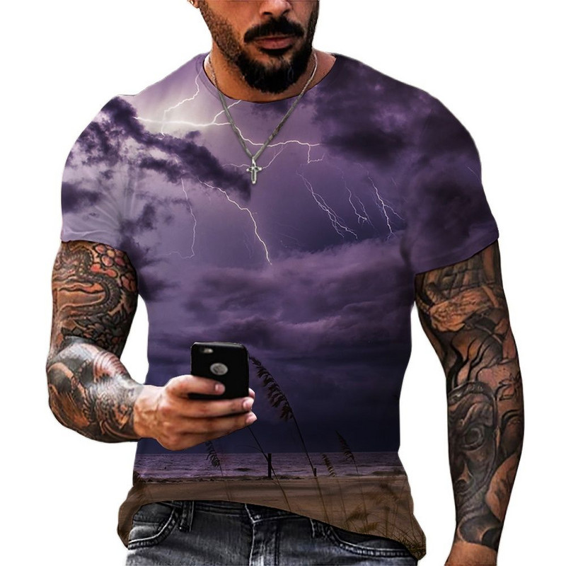 Villámmintás póló Férfi Divat Crew Neck Cool pulóver pólók Túlméretes rövid ujjú felsők Trend ruhák Ingyenes szállítás