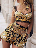 Fashion Print Cami felső és rövid készletek Nyári 2 részes ruhák női szexi V nyakú vastag pántos Crop felsők és magas derekú rövidnadrág szett