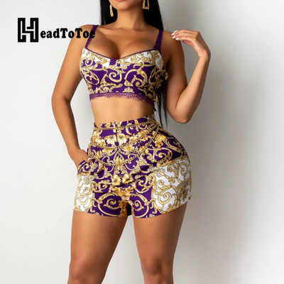 Fashion Print Cami felső és rövid készletek Nyári 2 részes ruhák női szexi V nyakú vastag pántos Crop felsők és magas derekú rövidnadrág szett