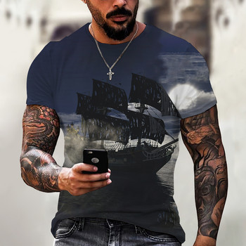 Винтидж мъжки корабни тениски 3D отпечатан пиратски кораб тениска с деколте с къс ръкав за мъже Големи горнища тениска Homme Camiseta