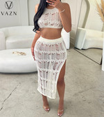 VAZN 2023 de calitate superioară Young Sexy Beach Solid scobit tricot Halter de pe umăr + Fusta lungă cu creion pentru femei Seturi de două piese