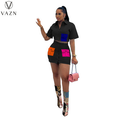 VAZN 2023 Najvyššia kvalita Sexy Sweet Young Little Chap Shirt Dress Set s krátkym rukávom + mini ceruzková sukňa Dámske dvojdielne sety