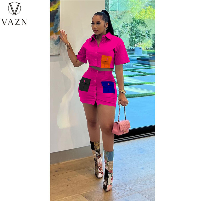 VAZN 2023 Najvyššia kvalita Sexy Sweet Young Little Chap Shirt Dress Set s krátkym rukávom + mini ceruzková sukňa Dámske dvojdielne sety