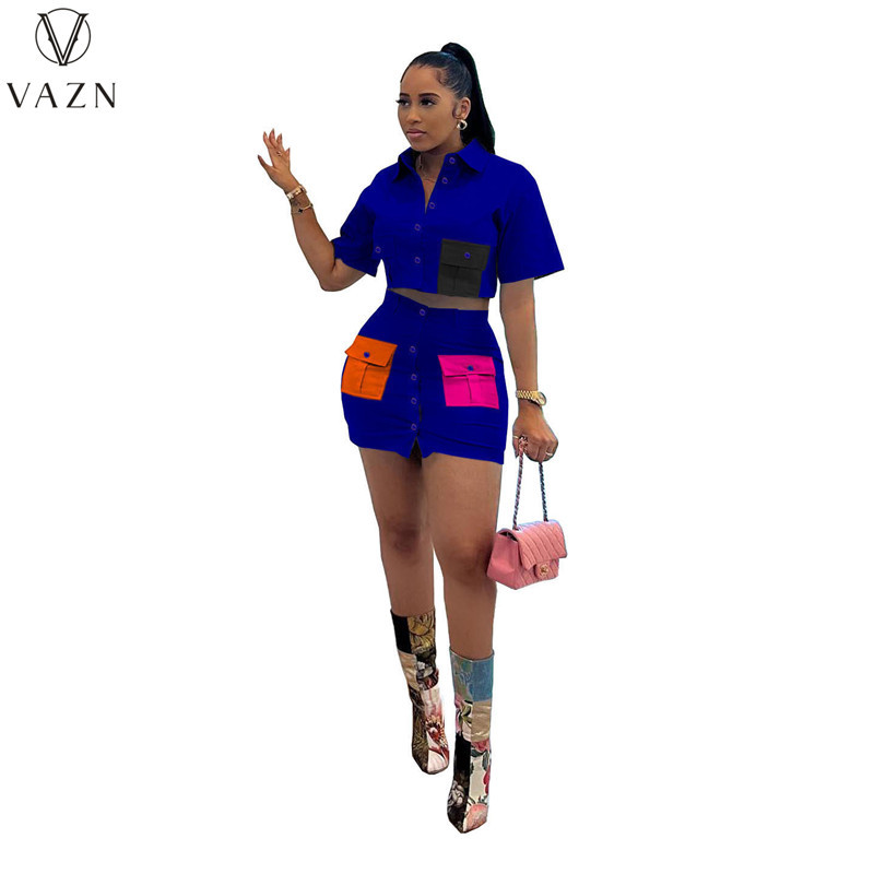 VAZN 2023 Najvyššia kvalita Sexy Sweet Young Little Chap Shirt Dress Set s krátkym rukávom + mini ceruzková sukňa Dámske dvojdielne sety