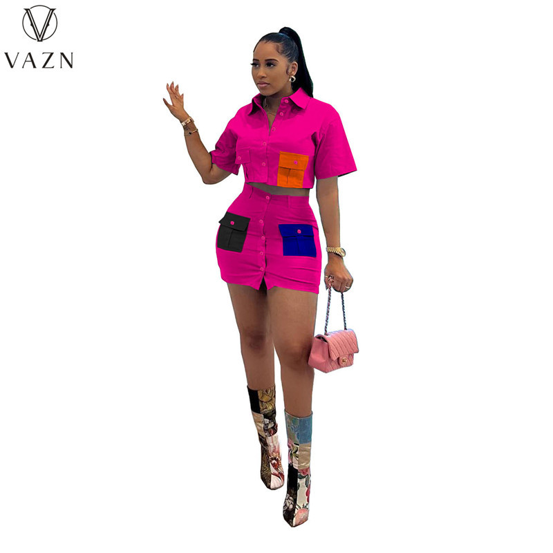 VAZN 2023 Najvyššia kvalita Sexy Sweet Young Little Chap Shirt Dress Set s krátkym rukávom + mini ceruzková sukňa Dámske dvojdielne sety