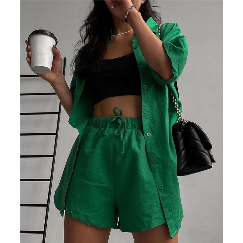 Trening ocazional de vară Pantaloni scurți pentru femei Costume de stradă verde Cămașă cu mânecă scurtă Topuri Mini pantaloni scurți largi cu șnur Set două piese