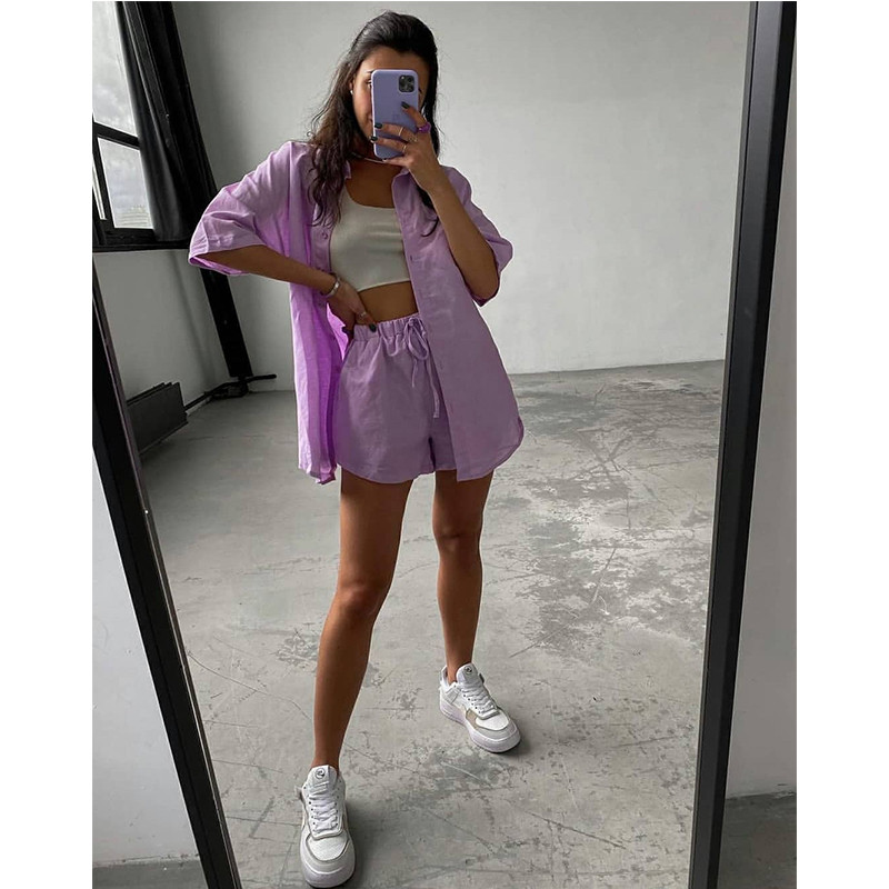 Trening ocazional de vară Pantaloni scurți pentru femei Costume de stradă verde Cămașă cu mânecă scurtă Topuri Mini pantaloni scurți largi cu șnur Set două piese