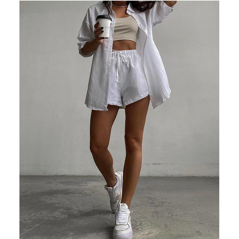 Trening ocazional de vară Pantaloni scurți pentru femei Costume de stradă verde Cămașă cu mânecă scurtă Topuri Mini pantaloni scurți largi cu șnur Set două piese