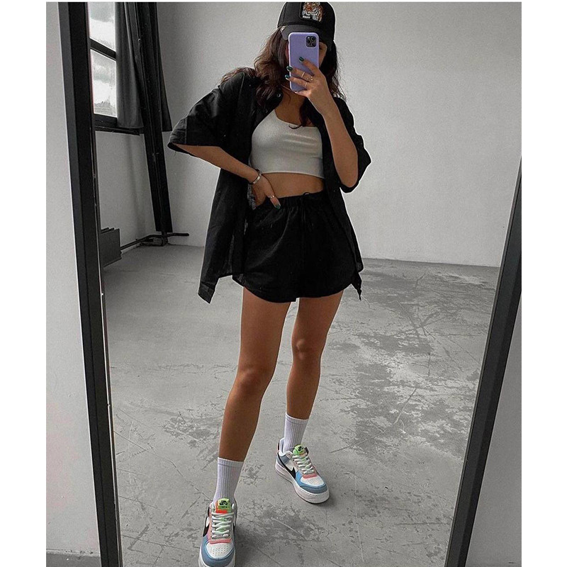 Trening ocazional de vară Pantaloni scurți pentru femei Costume de stradă verde Cămașă cu mânecă scurtă Topuri Mini pantaloni scurți largi cu șnur Set două piese