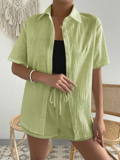 Set de pantaloni scurți pentru femei, bumbac, in, cu șnur cu talie elastică, vară, simpli, uni, cămăși pentru femei, ținute, cămașă lejeră, ocazional, set 2 piese