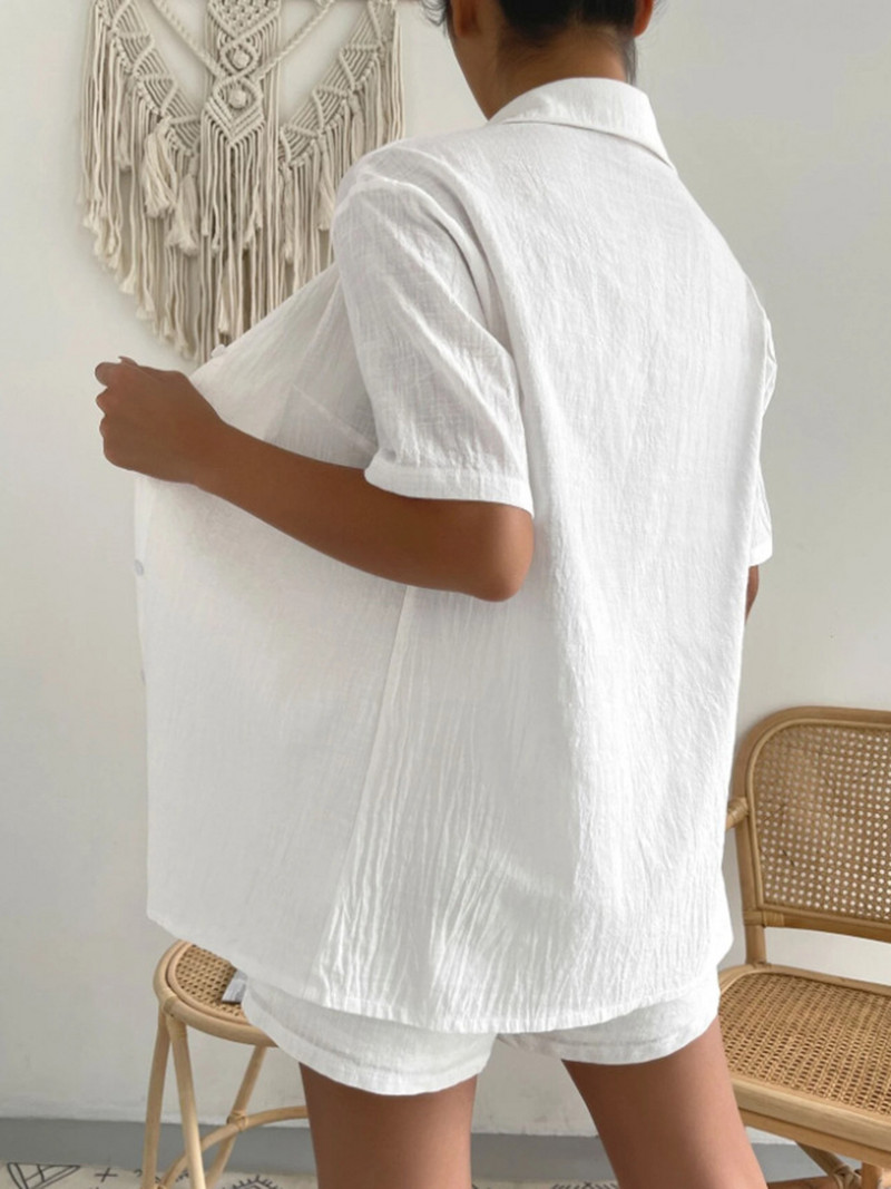 Set de pantaloni scurți pentru femei, bumbac, in, cu șnur cu talie elastică, vară, simpli, uni, cămăși pentru femei, ținute, cămașă lejeră, ocazional, set 2 piese