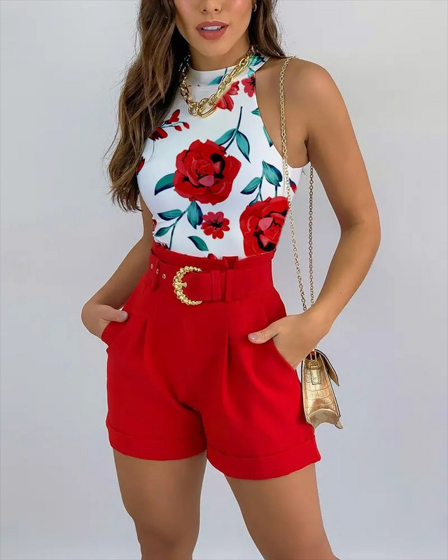 Seturi de 2 piese cu imprimeu vintage Skinny, fără mâneci, ținute pentru femeie, body, ocazional, elegante, pentru femei, scurte cu curea