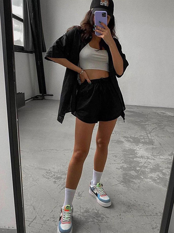 Vasaros laisvalaikio sportinis kostiumas Moteriški šortai Kostiumai Žali gatvės drabužiai trumpomis rankovėmis marškinėliai, palaidi, raišteliai, mini šortai, dviejų dalių rinkinys