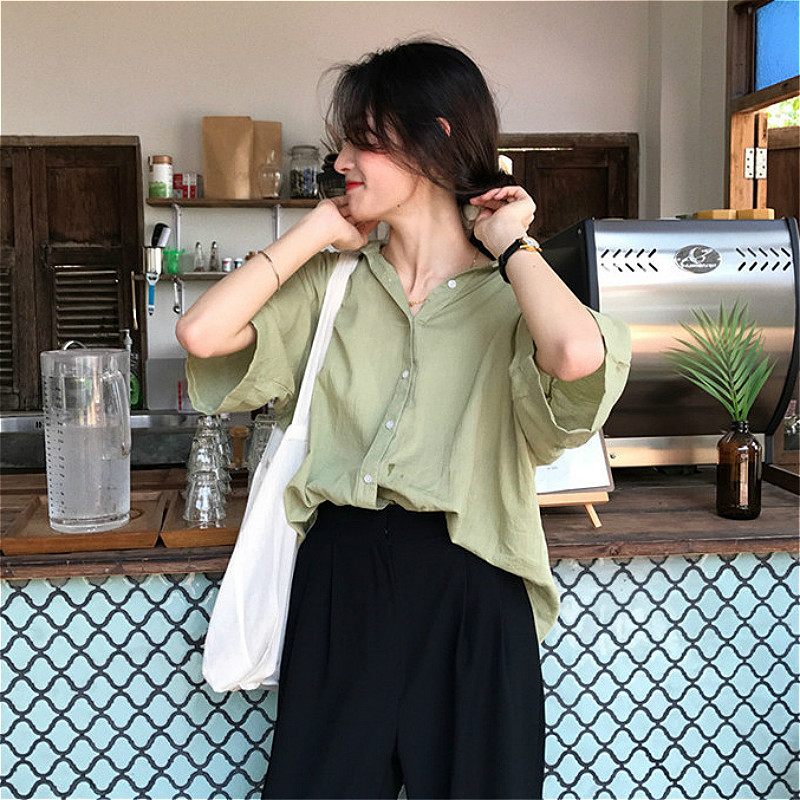 Bluze Cămăși Femei Vară All-match Solid Proaspăt Harajuku Casual Lejer Subțire Vintage Moda Simplu Femei Fete Chic Elegant