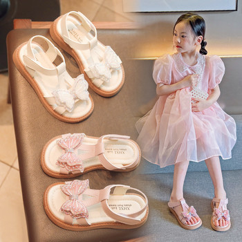 Детски кожени сандали за момиче Сандали на платформа Детски летни обувки за момичета Детски сандал с панделка от кристали Бежови розови обувки за момичета F06073