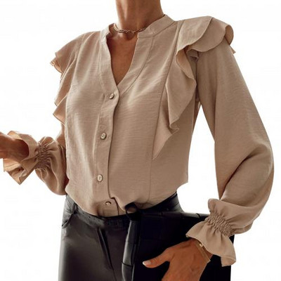 Sieviešu krekli Vienkārša dizaina brīvas blūzes krekli Ikdienas sieviešu rudens vienkrāsains blūze ar garām piedurknēm volāniem vienrindas krekls