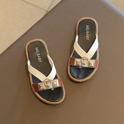 Papuci de vară pentru fete Decor metalic Stil exotic Bej Negru Copii Flip-flops 26-35 Slip-on Fashion Sliders pentru fete