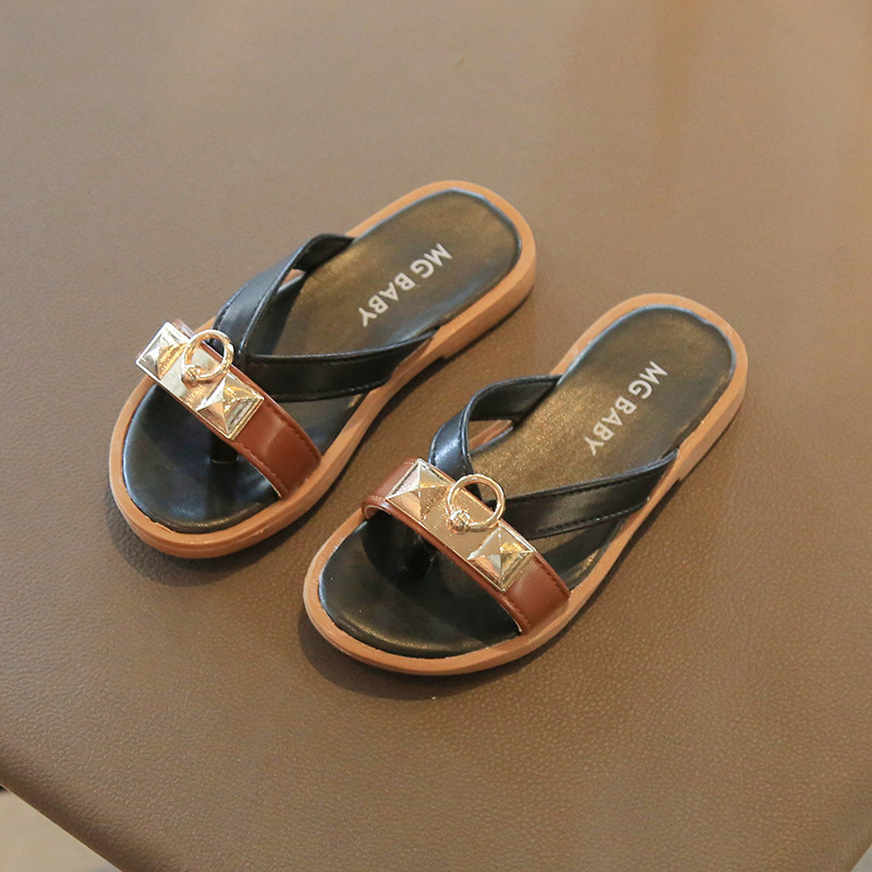 Papuci de vară pentru fete Decor metalic Stil exotic Bej Negru Copii Flip-flops 26-35 Slip-on Fashion Sliders pentru fete