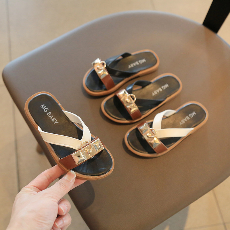 Papuci de vară pentru fete Decor metalic Stil exotic Bej Negru Copii Flip-flops 26-35 Slip-on Fashion Sliders pentru fete