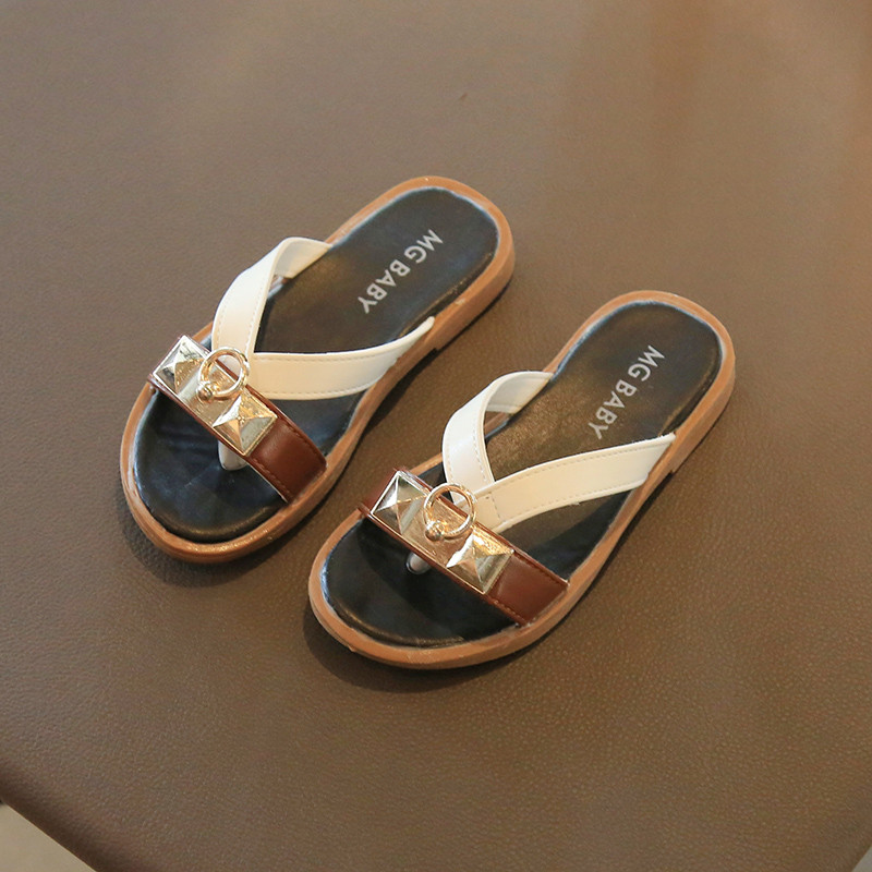 Papuci de vară pentru fete Decor metalic Stil exotic Bej Negru Copii Flip-flops 26-35 Slip-on Fashion Sliders pentru fete