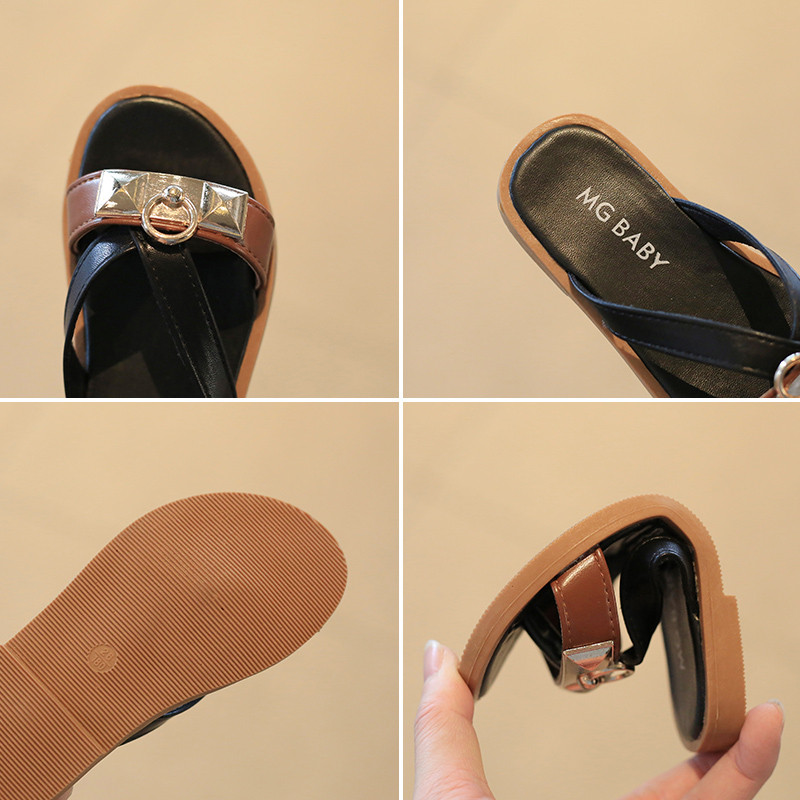 Papuci de vară pentru fete Decor metalic Stil exotic Bej Negru Copii Flip-flops 26-35 Slip-on Fashion Sliders pentru fete