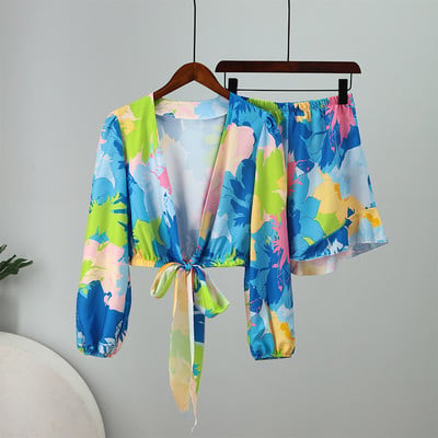 Pantaloni scurți pentru damă Costum de vară 2023 Moda pentru femei Bluze cu imprimeuri Seturi două piese Topuri cu mâneci lungi Costume pentru femeie cu pantaloni evazați