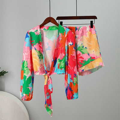 Pantaloni scurți pentru damă Costum de vară 2023 Moda pentru femei Bluze cu imprimeuri Seturi două piese Topuri cu mâneci lungi Costume pentru femeie cu pantaloni evazați