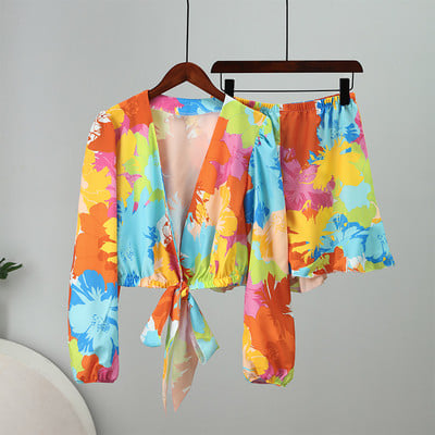 Pantaloni scurți pentru damă Costum de vară 2023 Moda pentru femei Bluze cu imprimeuri Seturi două piese Topuri cu mâneci lungi Costume pentru femeie cu pantaloni evazați