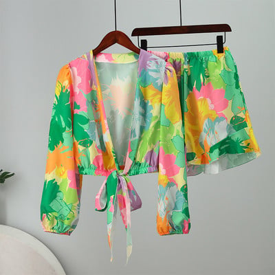Pantaloni scurți pentru damă Costum de vară 2023 Moda pentru femei Bluze cu imprimeuri Seturi două piese Topuri cu mâneci lungi Costume pentru femeie cu pantaloni evazați