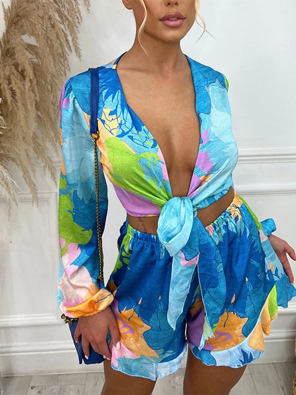 Pantaloni scurți pentru damă Costum de vară 2023 Moda pentru femei Bluze cu imprimeuri Seturi două piese Topuri cu mâneci lungi Costume pentru femeie cu pantaloni evazați