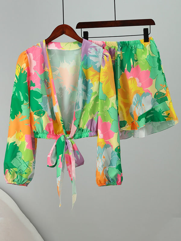 Pantaloni scurți pentru damă Costum de vară 2023 Moda pentru femei Bluze cu imprimeuri Seturi două piese Topuri cu mâneci lungi Costume pentru femeie cu pantaloni evazați