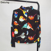 Vasaros naujos mados moteriški elegantiški marškiniai ilgomis rankovėmis Paukščių raštai su gyvūnais Šifonas Plonas šifonas Saldžios palaidinės Tops blusas PS0500