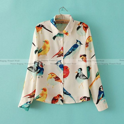 Vasaros naujos mados moteriški elegantiški marškiniai ilgomis rankovėmis Paukščių raštai su gyvūnais Šifonas Plonas šifonas Saldžios palaidinės Tops blusas PS0500