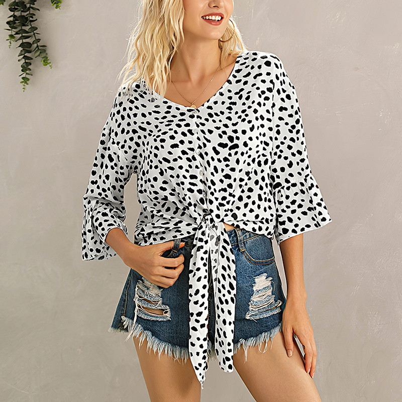 Nyári blúz Szexi mély V-nyakú trombita ujjú leopárd ing női alkalmi felső