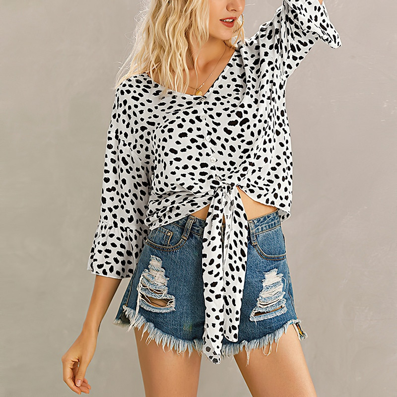 Nyári blúz Szexi mély V-nyakú trombita ujjú leopárd ing női alkalmi felső