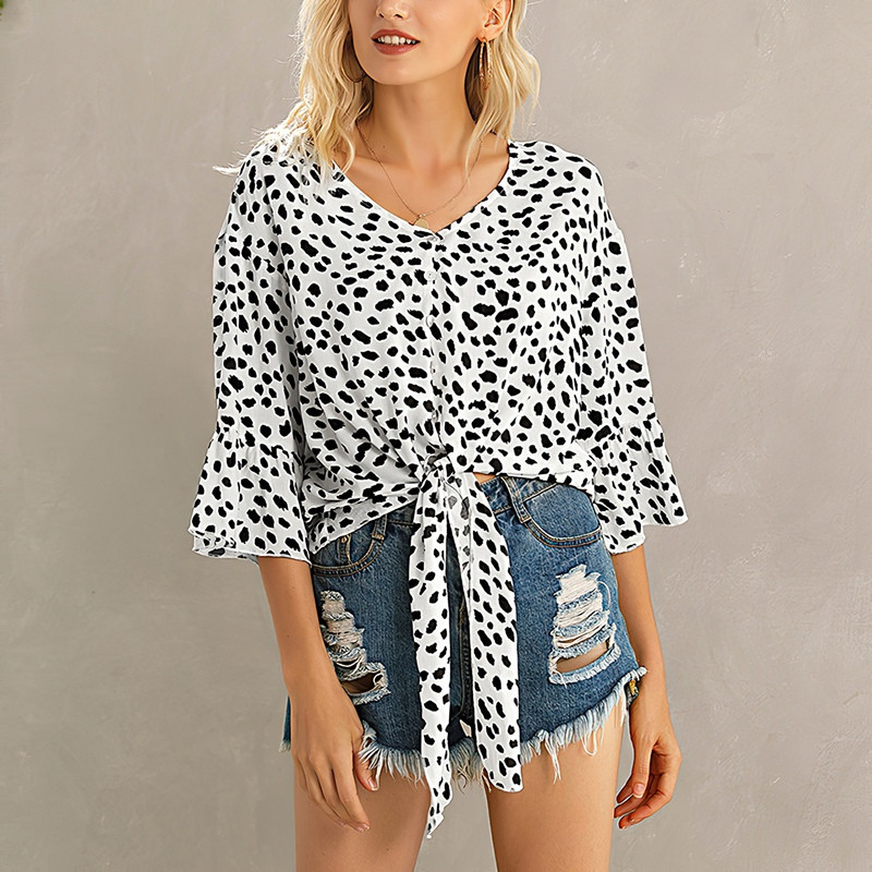 Nyári blúz Szexi mély V-nyakú trombita ujjú leopárd ing női alkalmi felső