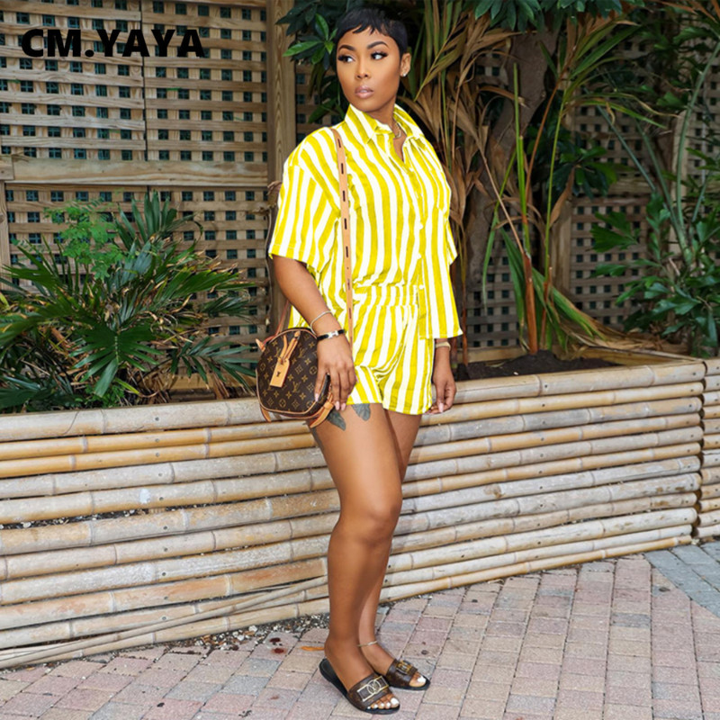 CM.YAYA Set de damă în dungi cu jumătate de mânecă Top și costum pantaloni scurți 2023 Classic Street Two 2 Piese Set Outfit Trening