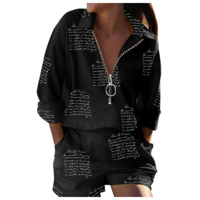 Boho ležérne voľné potlačené šortky set ženy jar/leto zips košeľa a šortky dvojdielne sety kancelárske dámy elegantné obleky s písmenom