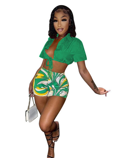 Joskaa tömör hajtóka rövid ujjú fűzős ing és nyomott motoros rövidnadrág, kétrészes szett női ruhák 2022. nyár szexi klubruhák