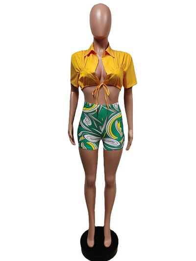 Joskaa tömör hajtóka rövid ujjú fűzős ing és nyomott motoros rövidnadrág, kétrészes szett női ruhák 2022. nyár szexi klubruhák