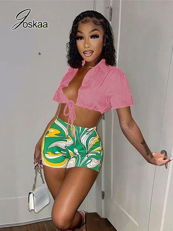 Joskaa tömör hajtóka rövid ujjú fűzős ing és nyomott motoros rövidnadrág, kétrészes szett női ruhák 2022. nyár szexi klubruhák