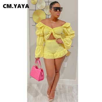 CM.YAYA Fashion Holiday Γυναικείο σετ Φανάρι με πλισέ μπλούζα και σορτς Flare INS 2023 Φόρμα αθλητικής φόρμας σε δύο 2 τεμάχια