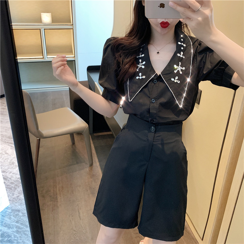 Vara 2020, bluză coreeană șic pentru femei, bluze scurte sexy, cămașă cu mâneci bufante, bluză neagră, cămașă cu guler cu diamant