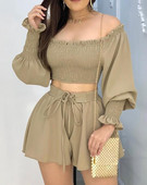 Set de piese de cârlig sexy pentru femei ținută 2023, ocazional de vară, cu umăr, cu mânecă lungă, crop top cu șort, cu pantaloni scurți.